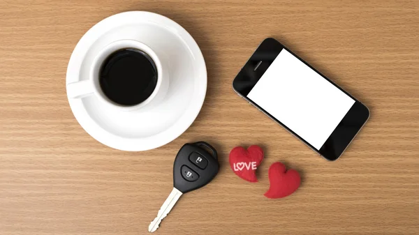 Kaffe telefon bilnyckel och hjärta — Stockfoto