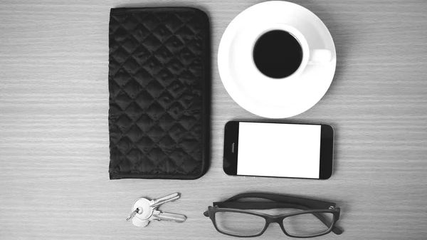 Coffee,phone,key,eyeglasses and wallet — Stock Photo, Image