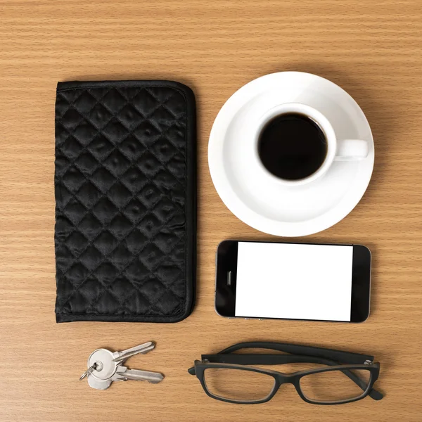 Káva, telefon, klíče, brýle a Peněženka — Stock fotografie