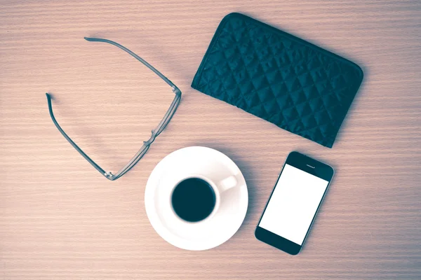 Coffee,phone,eyeglasses and wallet — Stock Photo, Image