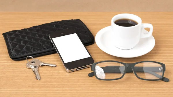 Coffee,phone,key,eyeglasses and wallet — Stock Photo, Image