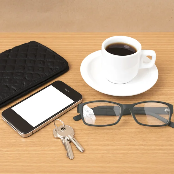 Coffee,phone,key,eyeglasses and wallet — Stock Photo, Image