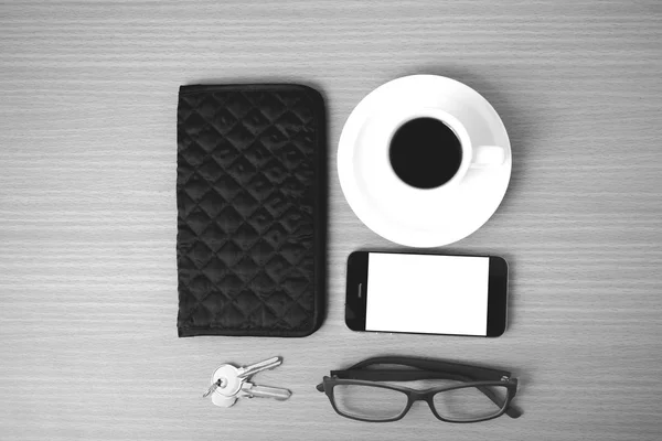 Coffee,phone,key,eyeglasses and wallet — Stock Photo, Image