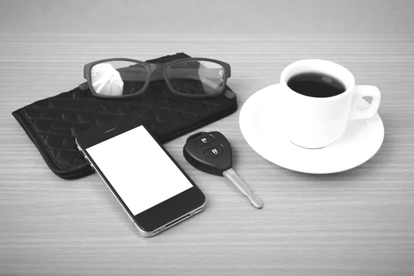 Coffee, phone, car key, eyeglasses and wallet — стоковое фото