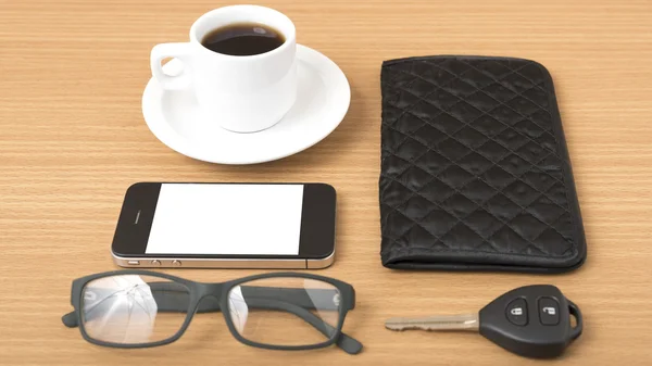 Coffee,phone,car key,eyeglasses and wallet — Stock Photo, Image