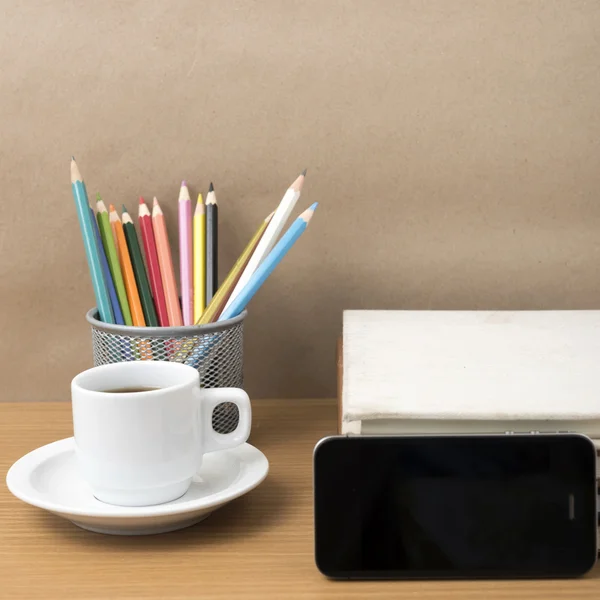 Coffee,phone,stack of book and color pencil — Stock Photo, Image