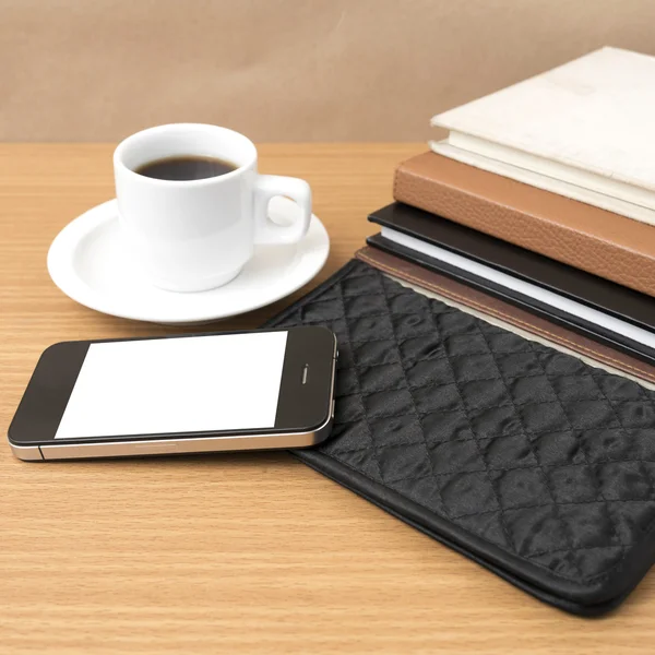 Coffee,phone,stack of book and wallet — Stock Photo, Image