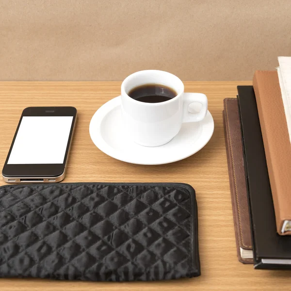 Coffee,phone,stack of book and wallet — Stock Photo, Image