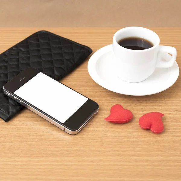 Kahve, telefon, cüzdan ve kalp — Stok fotoğraf