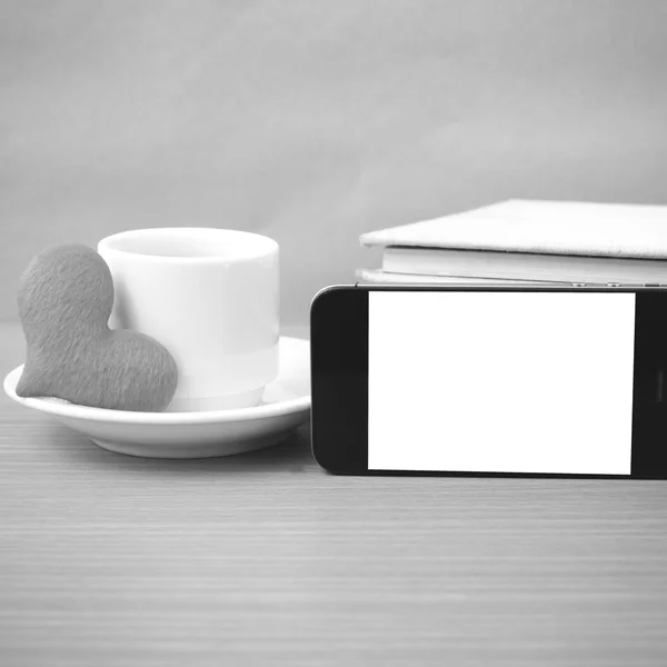 Coffee,phone,stack of book and heart — Stock Photo, Image