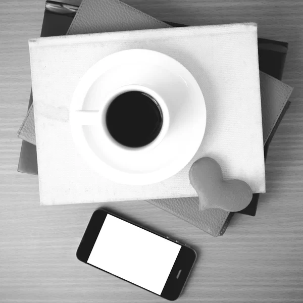 Coffee,phone,stack of book and heart — Stock Photo, Image