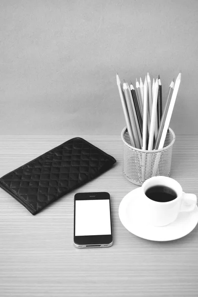 Coffee,phone,wallet and color pencil — Stock Photo, Image