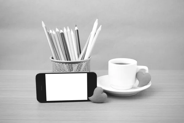 Coffee,phone,color pencil and heart — Stock Photo, Image