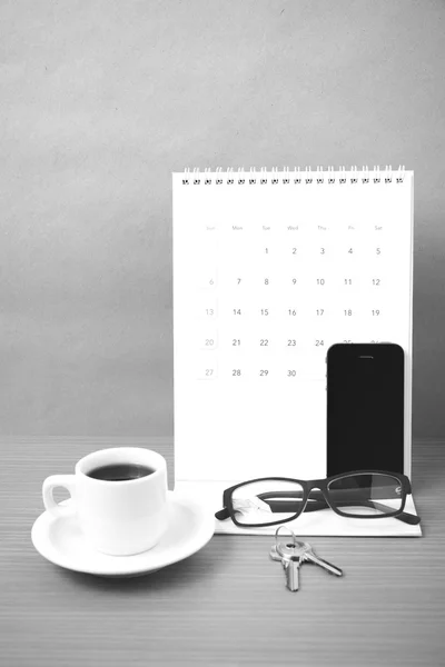 Coffee,phone,eyeglasses,calendar and key — Stock Photo, Image