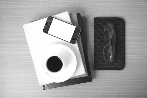 Coffee,phone,eyeglasses,stack of book and wallet — Stock Photo, Image