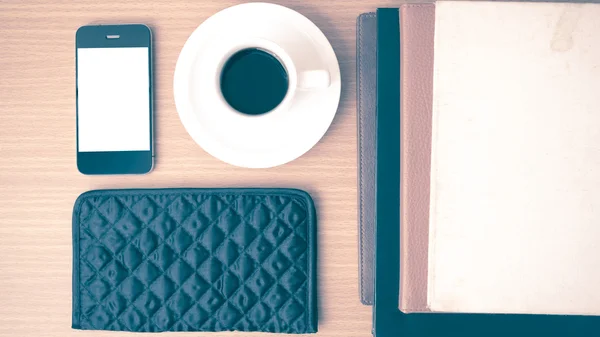 Coffee,phone,stack of book and wallet — Stock Photo, Image