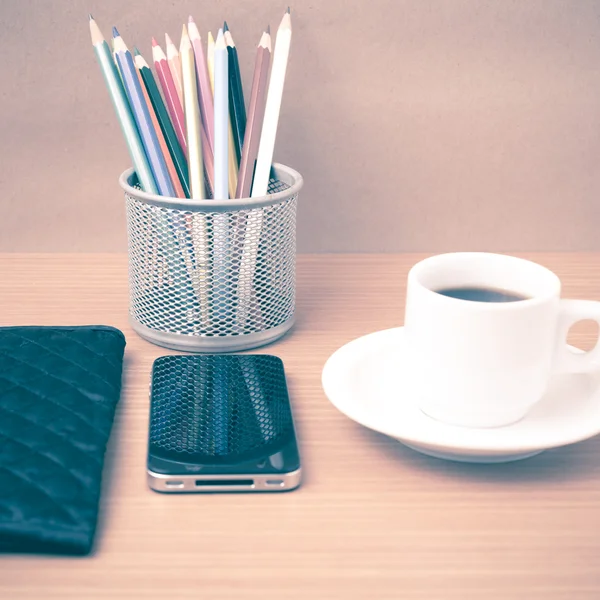 Coffee,phone,wallet and color pencil — Stock Photo, Image