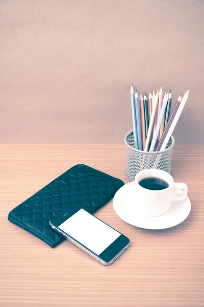 Coffee,phone,wallet and color pencil — Stock Photo, Image