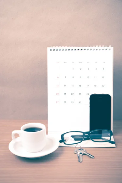 Coffee,phone,eyeglasses,calendar and key — Stock Photo, Image