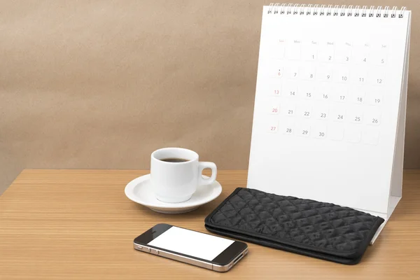 Kaffee, Telefon, Portemonnaie und Kalender — Stockfoto