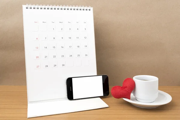 Café, telefone, calendário e coração — Fotografia de Stock