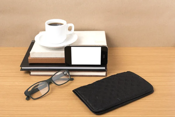 Coffee,phone,eyeglasses,stack of book and wallet — Stock Photo, Image