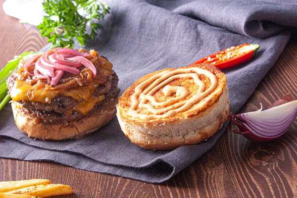 Burger Caramelized Onions French Fries Stock Image