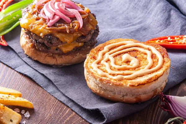 Burger Caramelized Onions French Fries Stock Image