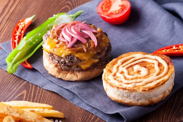 Burger Caramelized Onions French Fries Stock Photo
