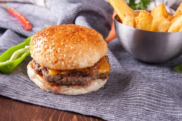 Burger Caramelized Onions French Fries Stock Image