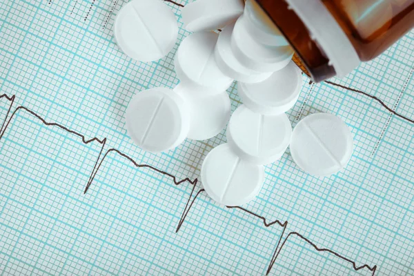 Pills from a bottle on the background of medical cardiogram — Stock Photo, Image