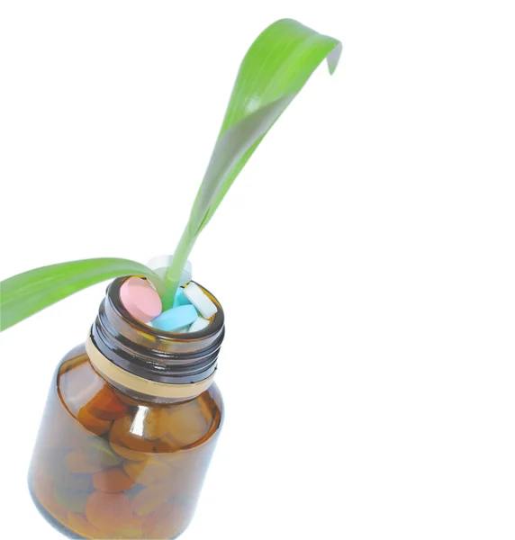 Plante verte poussant à partir de la bouteille avec des pilules colorées — Photo