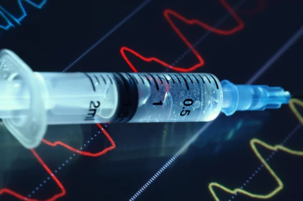 Syringe met geneeskunde gelegen op het medische scherm met colorfu — Stockfoto