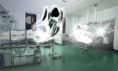 Spirits flying above the critically ill patients clipart