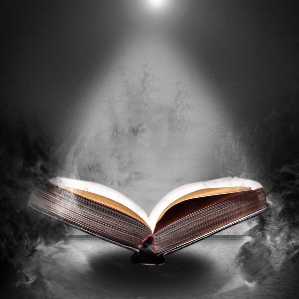 Magic open book hovering in the misty haze