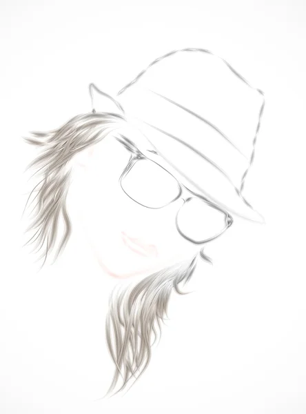 Skizzenporträt des Mädchens mit Hut und Sonnenbrille — Stockfoto