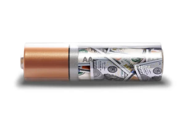 Bateria carregada com dólares isolados no fundo branco — Fotografia de Stock