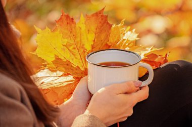 Kız ormanda ya da parkta çay içiyor, kadın eli sıcak bir bardak tutuyor, sonbahar havasında, sonbahar haftasonu parkta, yaprakların dökülme mevsimi, sonbahara hoş geldin.