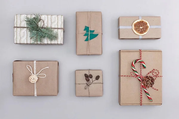 Környezetbarát Karácsonyi Koncepció Creative Zero Waste Eco Style Ajándékcsomagolás Ajándékdobozok — Stock Fotó