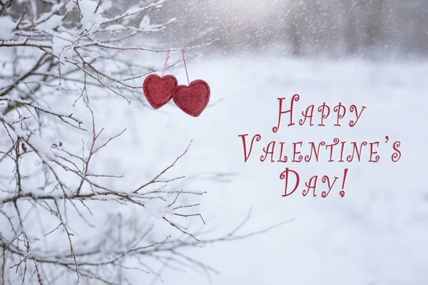 Two Soft Red Hearts Hang Branch Winter Forest Snowfall Valentine — Stock Photo, Image