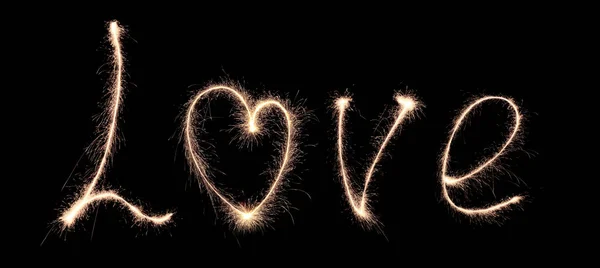 Valentine Day Background Love Made Sparklers Dark Background Gold Letters — Stock Photo, Image