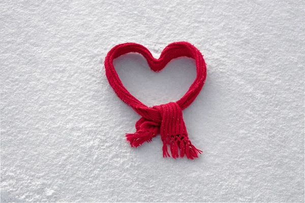 Red Knitted Scarf Folded Shape Heart White Snow Cute Background Stock Photo
