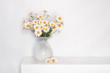 Beyaz bir masadaki beyaz cam vazoda bir buket papatya, büyükannenin doğum günü için çiçekler, kadınlar için, beyaz bir iç kısımda çiçekler.