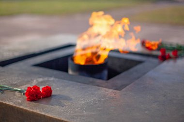 9 Mayıs, 2. Dünya Savaşı 'nda vatanlarını savunurken ölen kahramanların anısına çiçekler ve ateş.