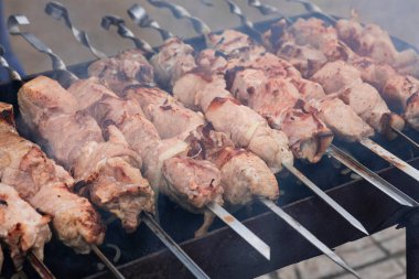 Şiş üzerindeki et parçaları kömürlerin üstünde kızarır, portatif ızgarada domuz şişleri, doğada piknik.