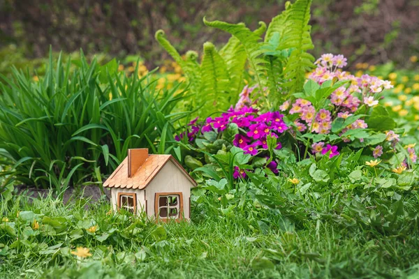 Modell Eines Holzhauses Auf Dem Gras Zwischen Blumen Und Pflanzen — Stockfoto