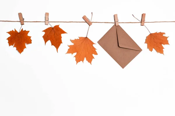 Podzimní Listy Pozadí Padlé Javorové Listy Visící Kolících Provaze Řemeslnou — Stock fotografie