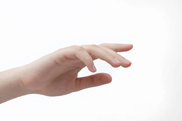 漂亮的女性手隔离在白色的背景上 修剪整齐的指甲 按下虚拟按钮 按一下 指示求助的手势 — 图库照片