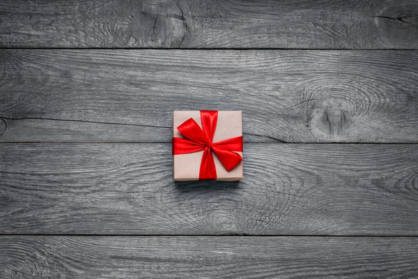 Gift Craft Paper Red Bow Gift Box Old Wooden Table — Stock Photo, Image