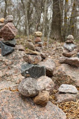 Karanlık ormandaki taş yığınları uyum ve dengenin sembolü.